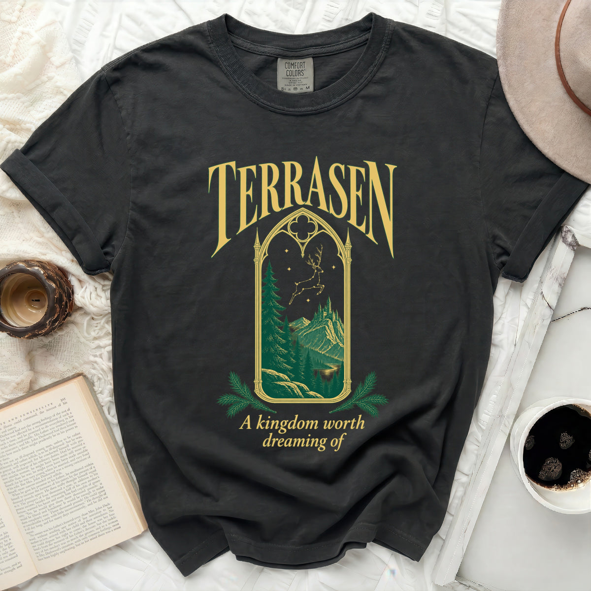 Terrasen graphic t-shirt with forest castle and text.
