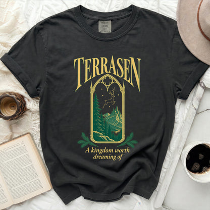 Terrasen graphic t-shirt with forest castle and text.