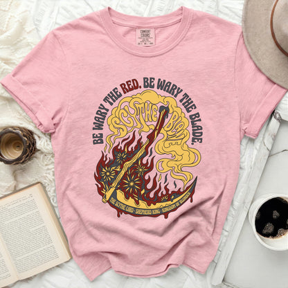 Pink t-shirt with yellow "Scythe Card" graphic and text.