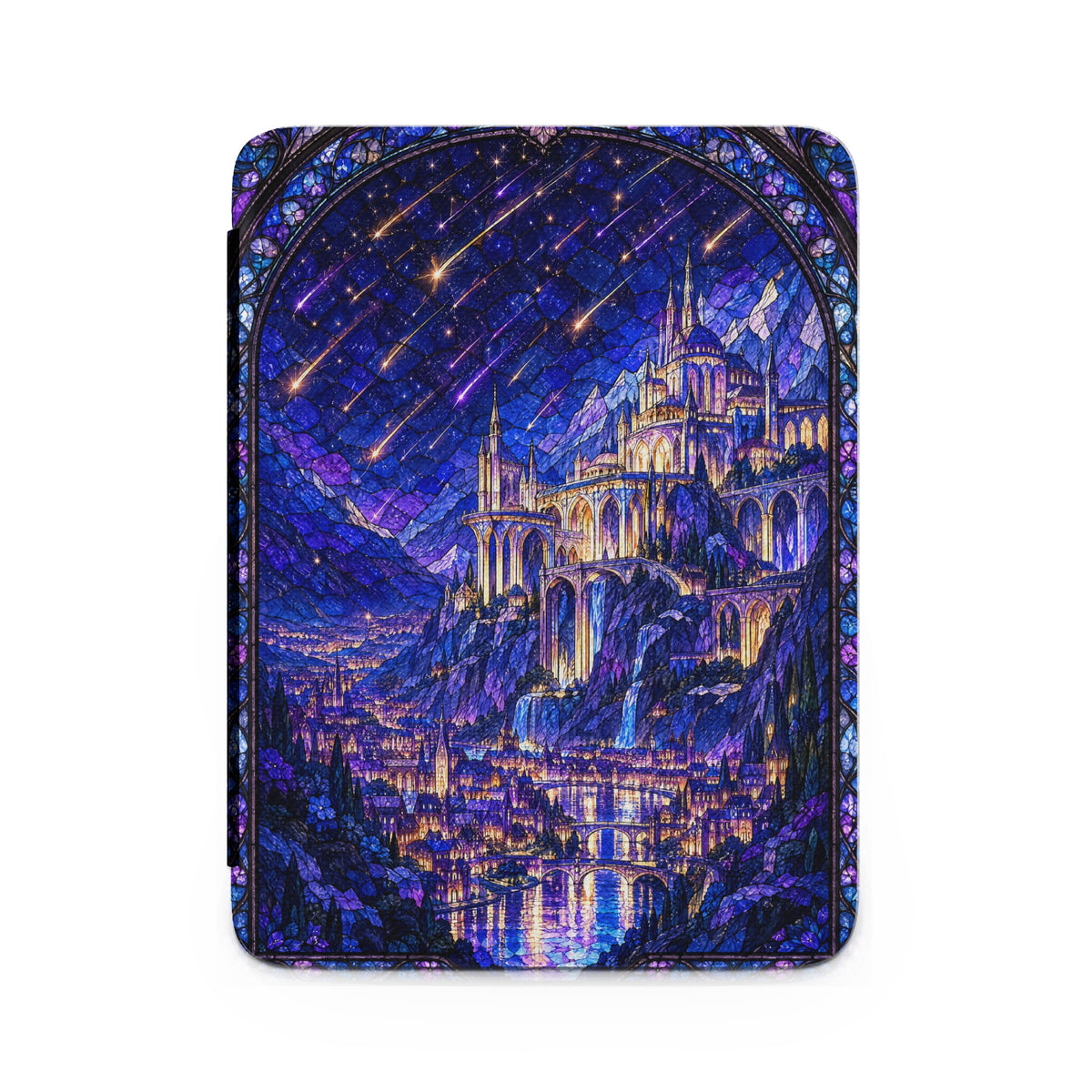 A blue and purple stained-glass style case featuring a illuminated castle and shooting stars.
