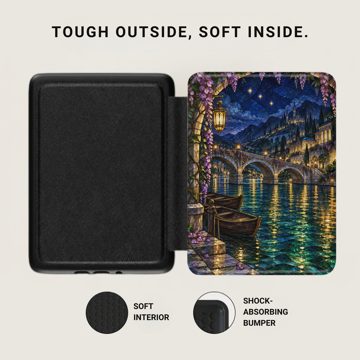 Black case with stained glass castle and bridge design, "Tough Outside, Soft Inside." text.