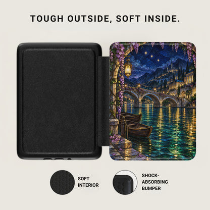 Black case with stained glass castle and bridge design, "Tough Outside, Soft Inside." text.