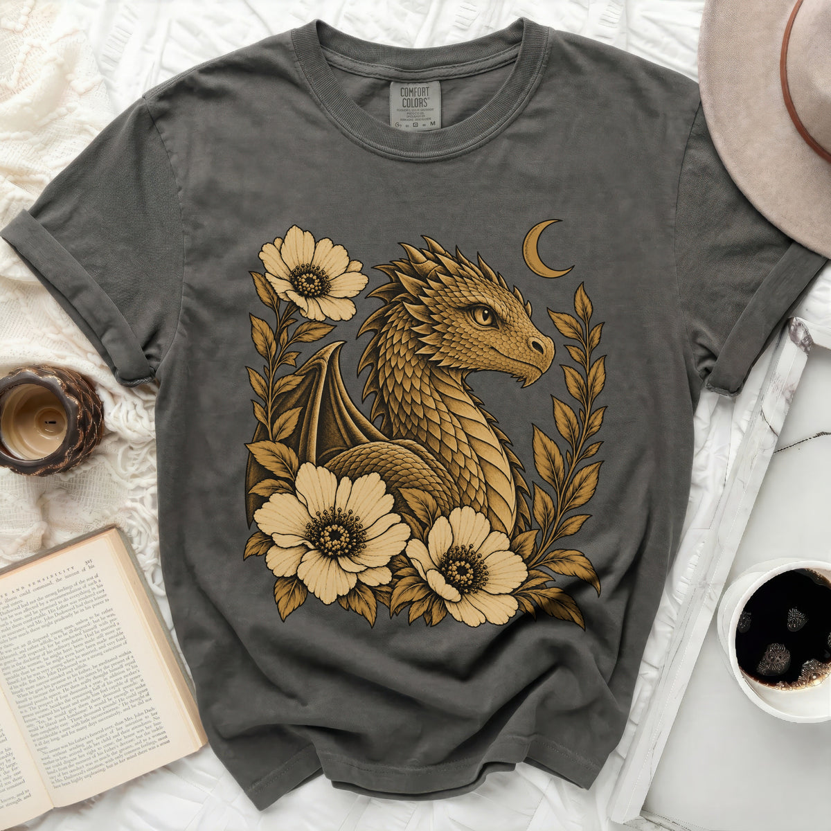 Gray t-shirt with a golden dragon, flowers, and crescent moon graphic.