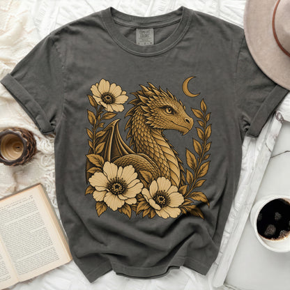 Gray t-shirt with a golden dragon, flowers, and crescent moon graphic.