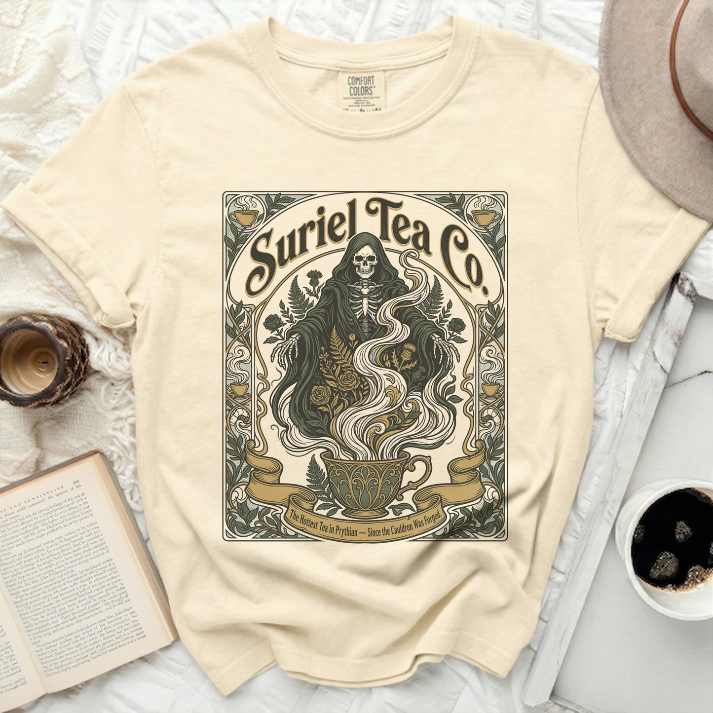Suriel Tea Co. Grim reaper and teacup design with "The Hottest Tea in Prythian" text.
