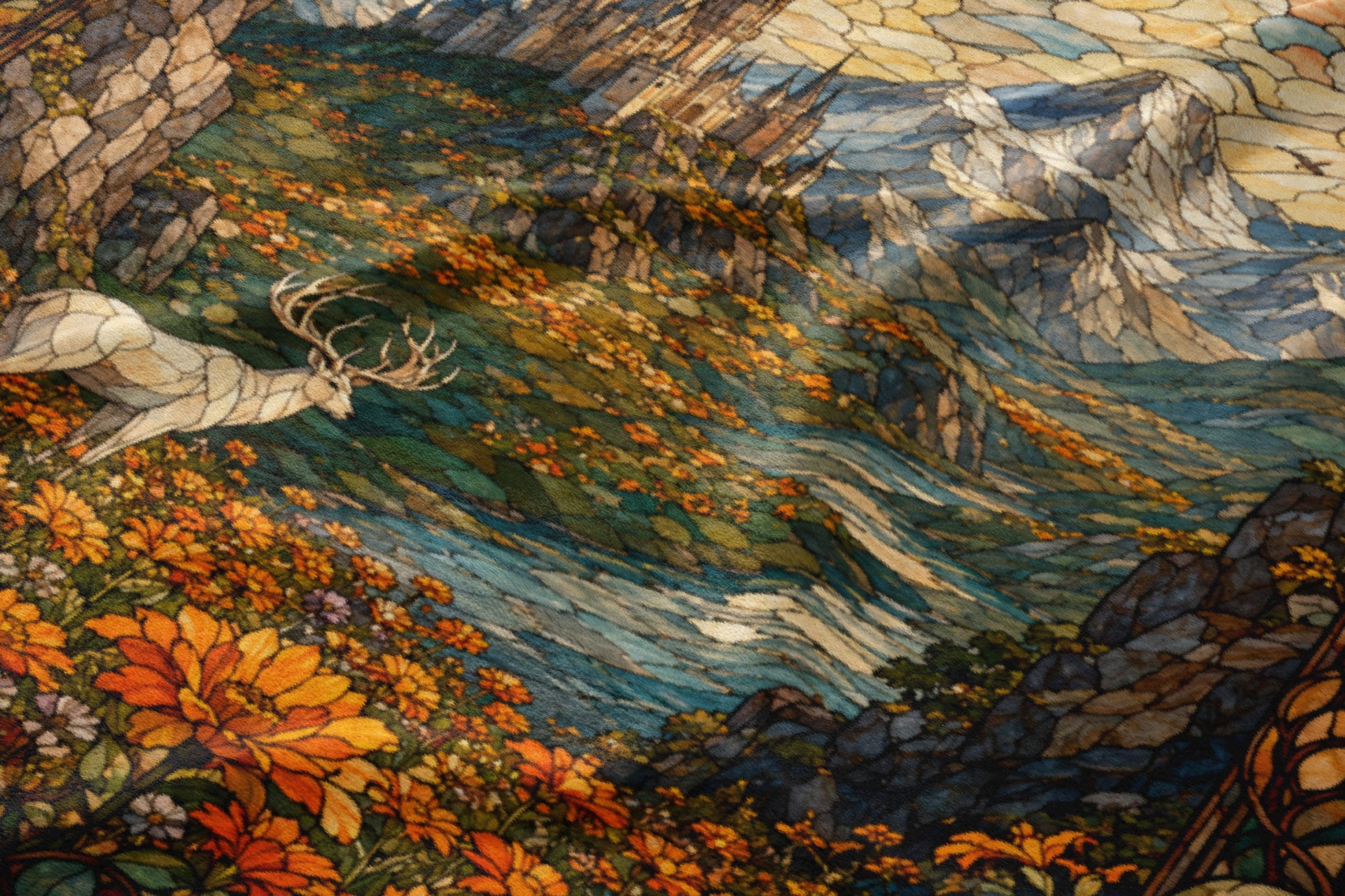 Stained glass depicts a stag leaping through a floral landscape with mountains in the background.