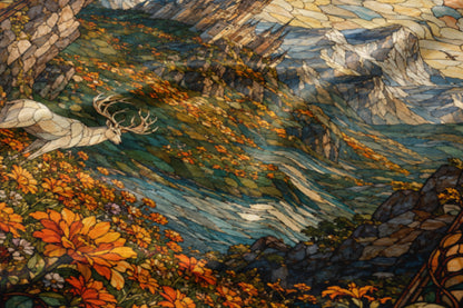 Stained glass depicts a stag leaping through a floral landscape with mountains in the background.