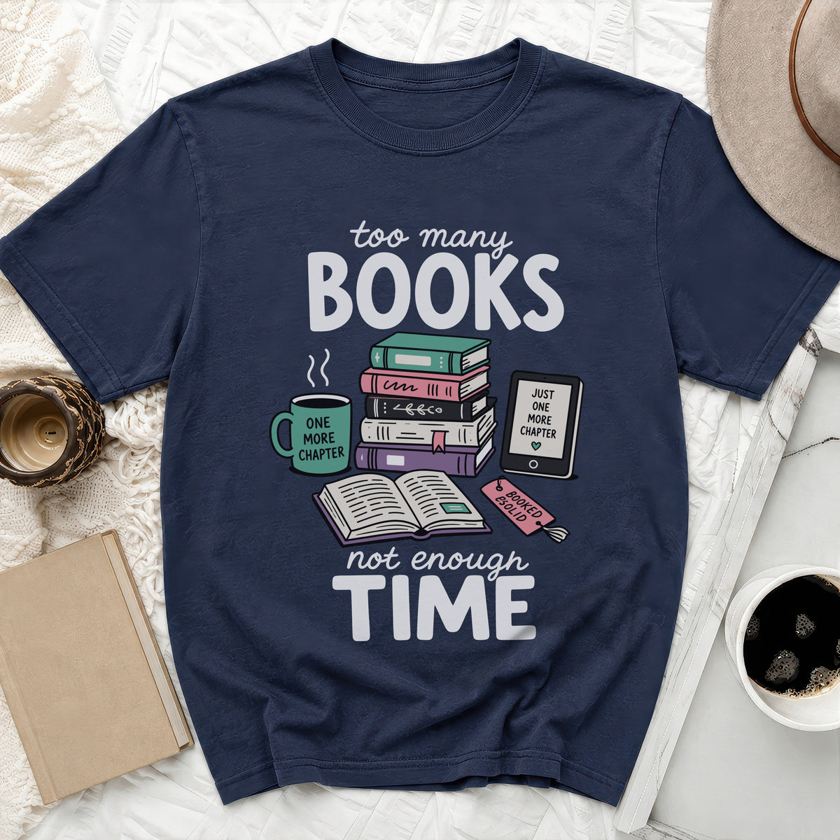 Navy t-shirt with "Too Many Books, Not Enough Time" graphic.