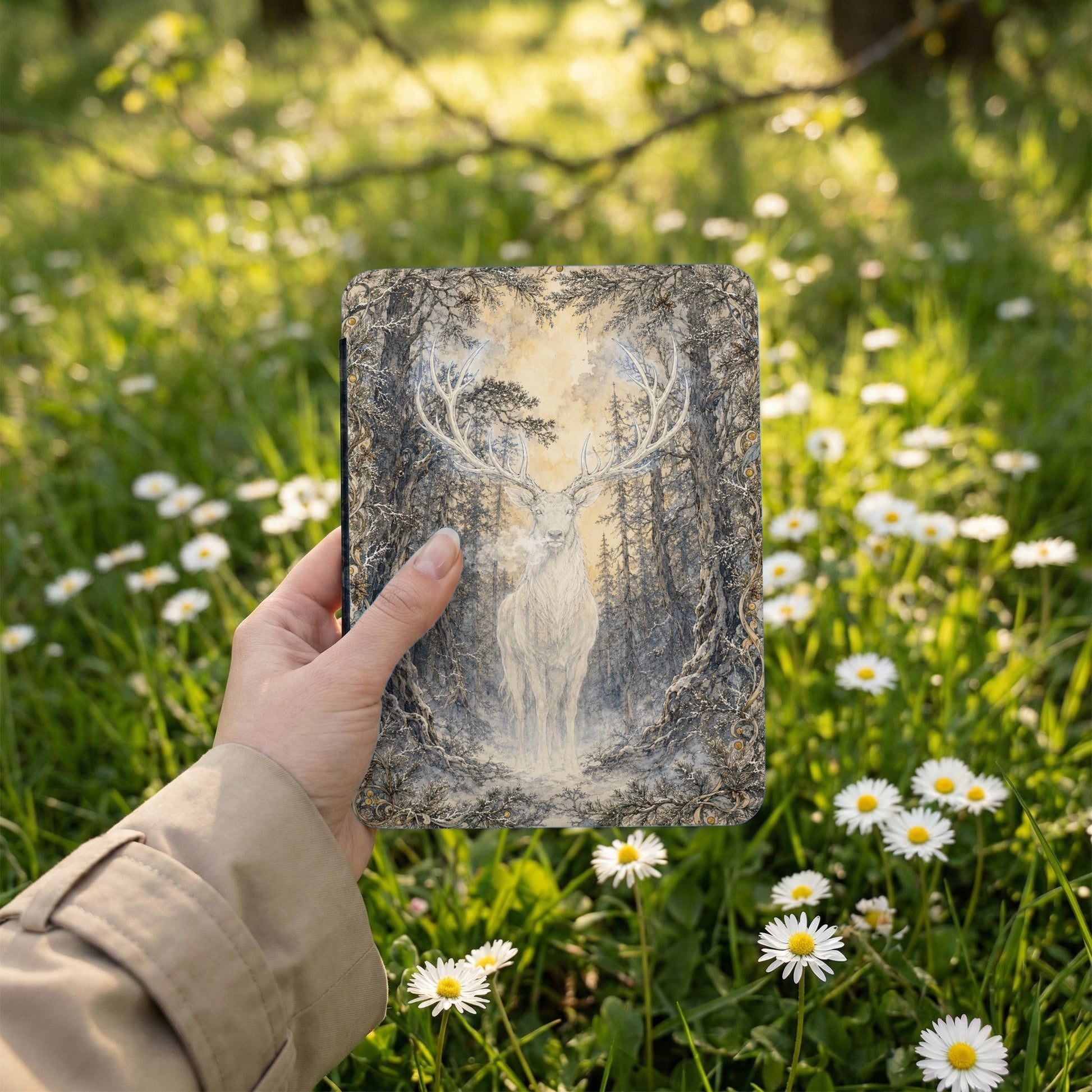 Journal with majestic white stag in snowy forest scene, held in hand.