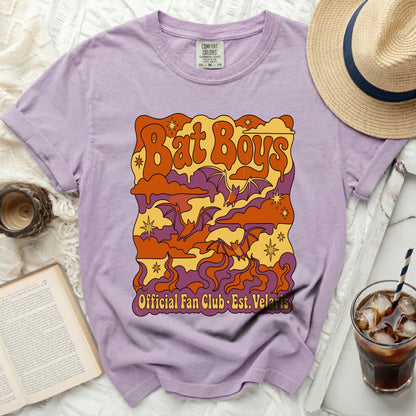 Lavender t-shirt with "Bat Boys Official Fan Club Est. Velaris" graphic.