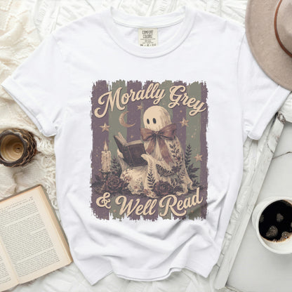 White t-shirt with ghost reading "Morally Grey & Well Read" graphic.