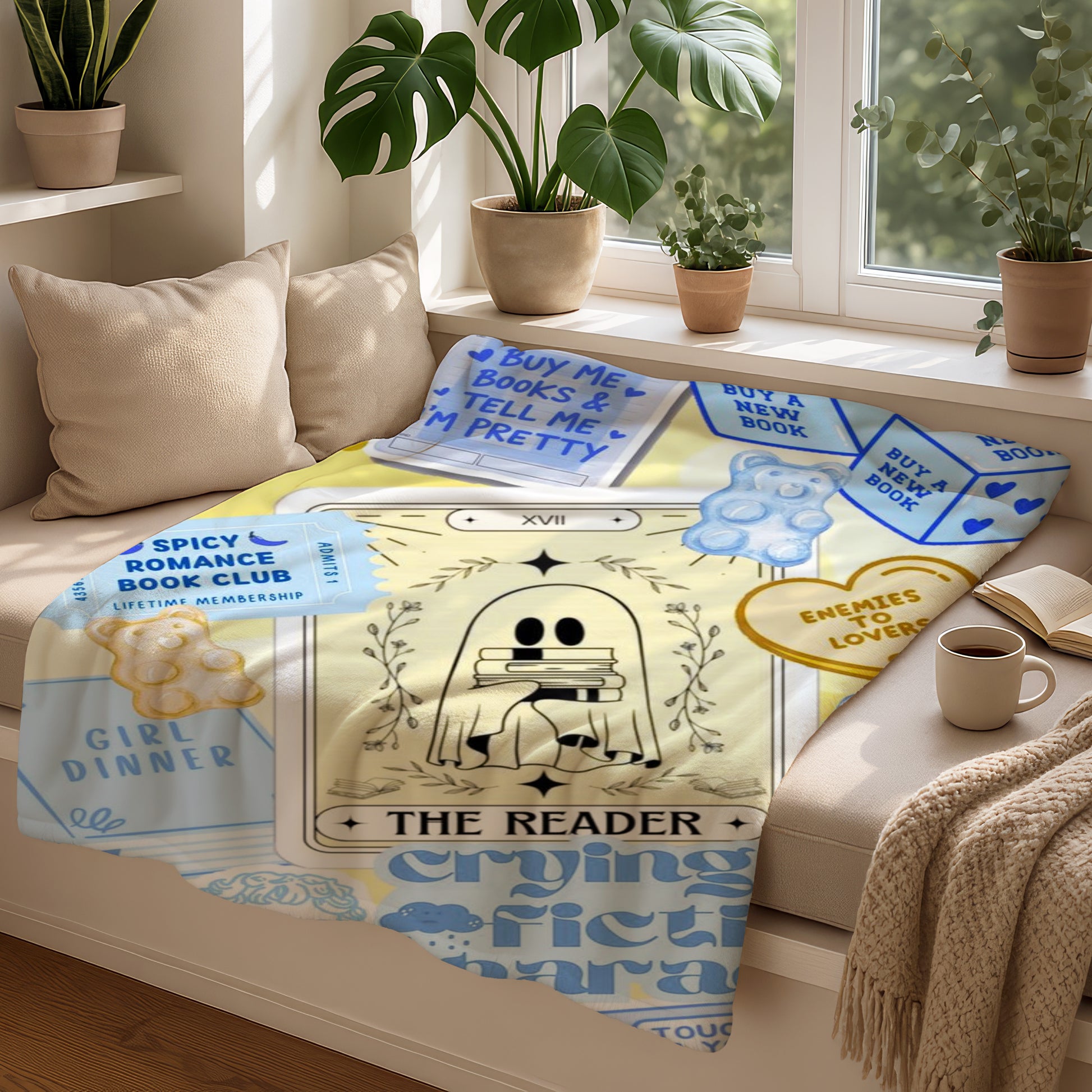 A book-themed blanket featuring "The Reader" tarot card design and text about books.