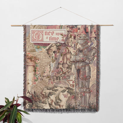 The image is a tapestry hanging on a wall, featuring a knight in shining armor and various fantastical elements such as a castle, flowers, and a dragon.