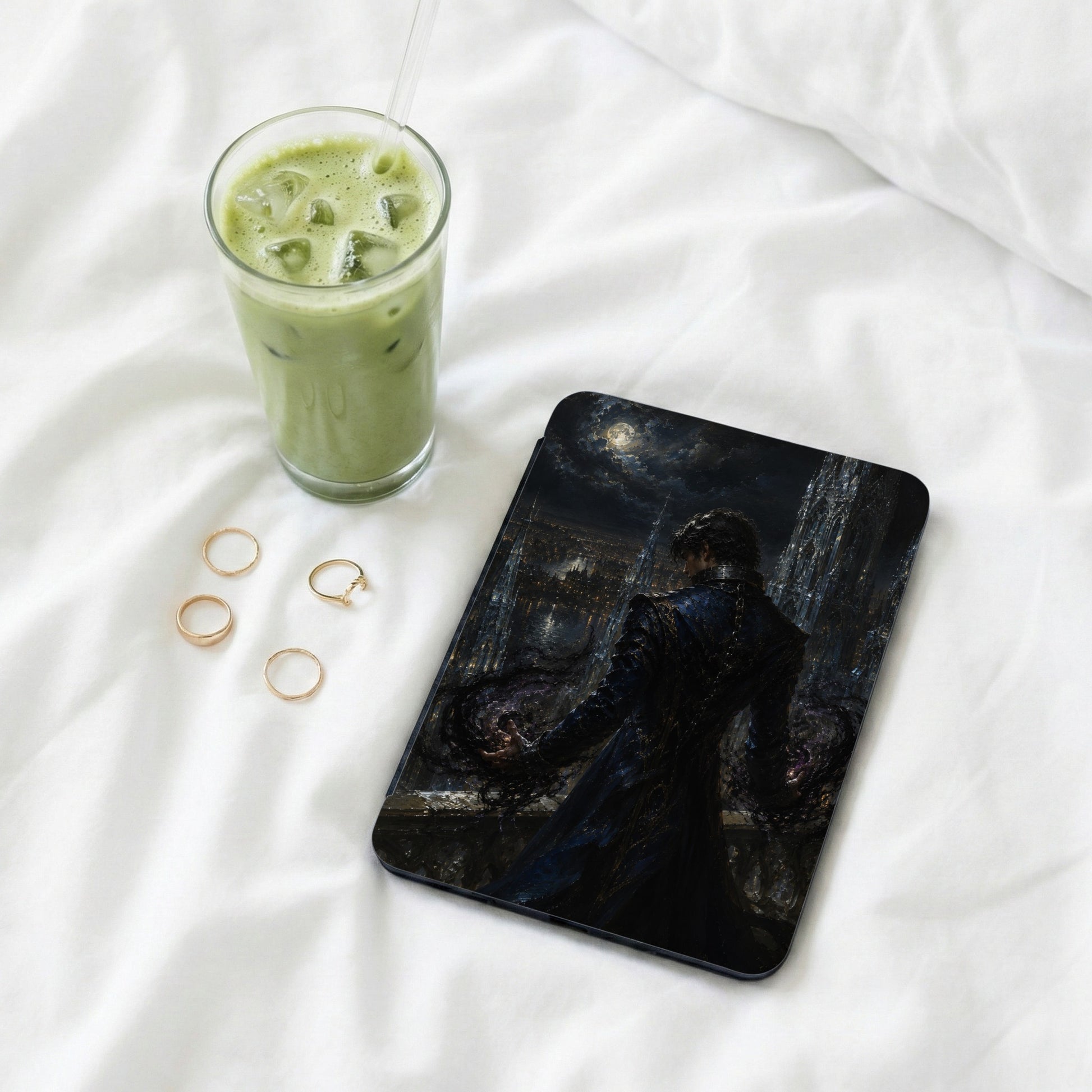 Tablet case with dark fantasy art of a man over a moonlit city.