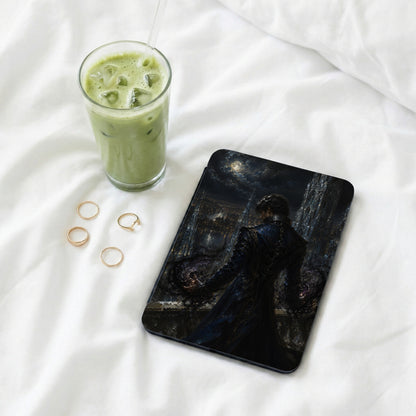 Tablet case with dark fantasy art of a man over a moonlit city.