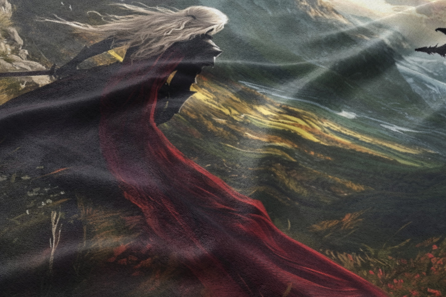 Epic Red Caped Fantasy Hero Facing Dragon Scene