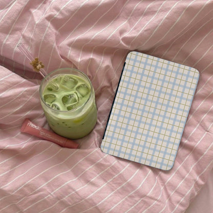 Soft Pink Plaid Design iPad Case with Green Drink
