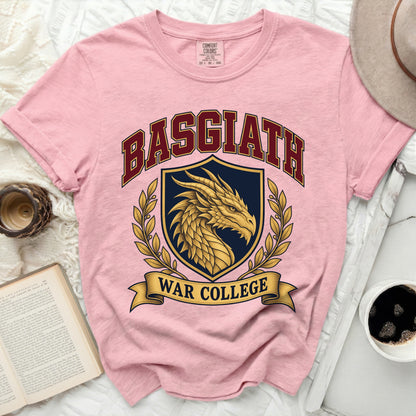 Pink t-shirt with "BASGIATH WAR COLLEGE" crest featuring a golden dragon.