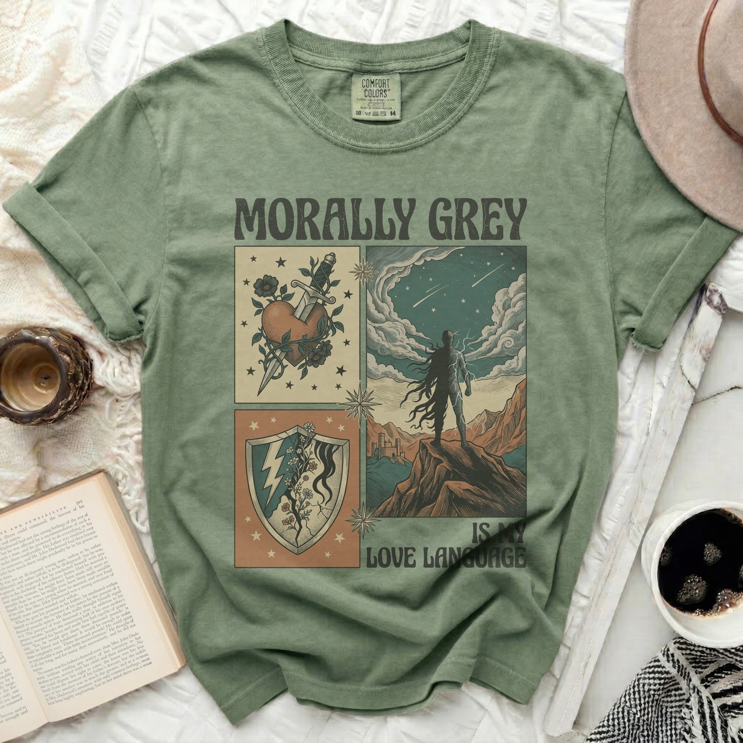 Green t-shirt with "Morally Grey Is My Love Language" text and graphic panels.