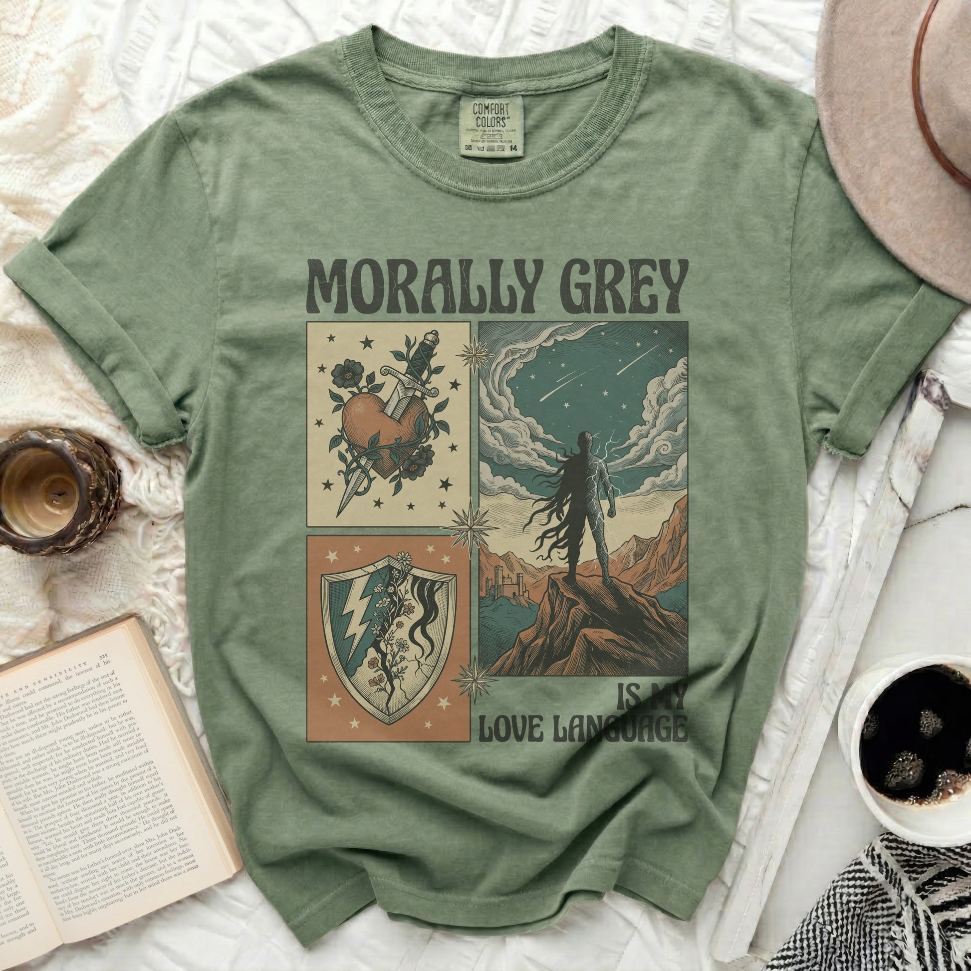 Green t-shirt with "Morally Grey Is My Love Language" text and graphic panels.