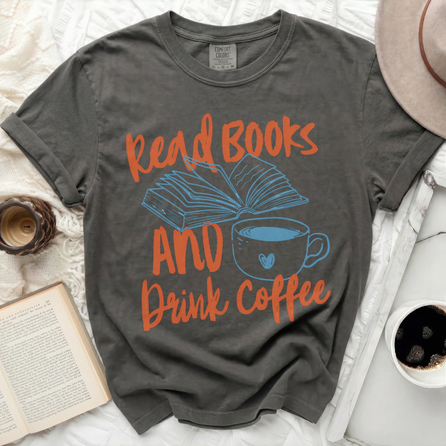 Dark gray t-shirt with "Read Books AND Drink Coffee" text and graphics.