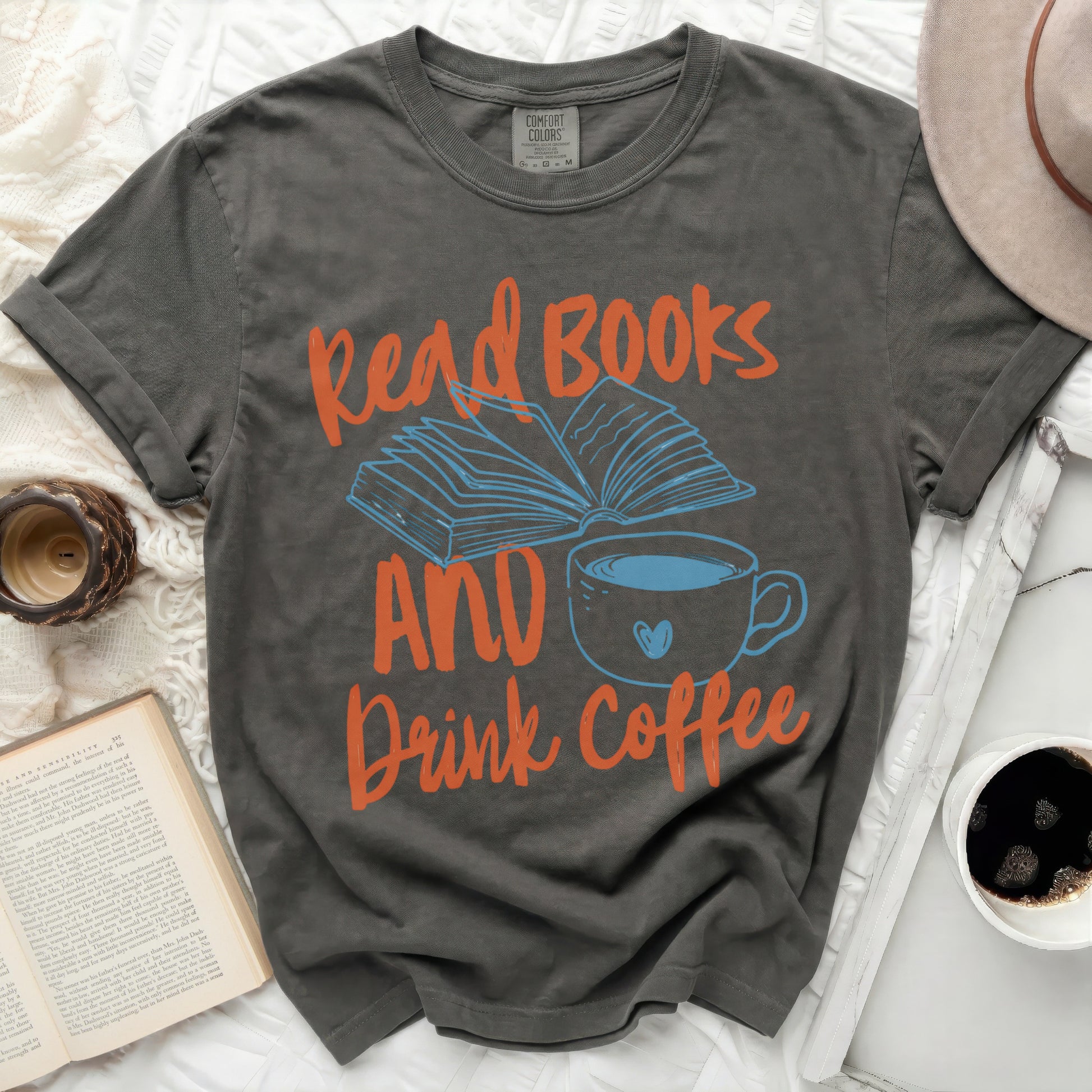 Dark gray t-shirt with "Read Books AND Drink Coffee" text and graphics.