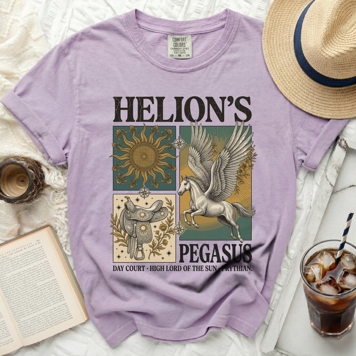 Purple t-shirt with Helion's Pegasus graphic, sun, saddle, and text.