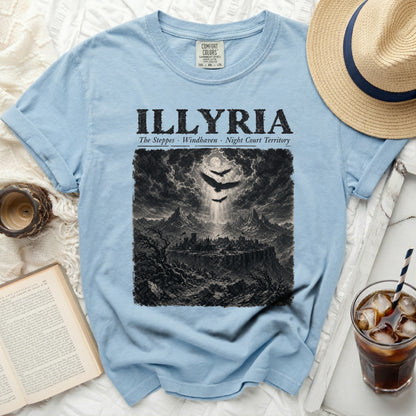 Light blue t-shirt with "ILLYRIA" and a dark, dramatic fantasy landscape print.