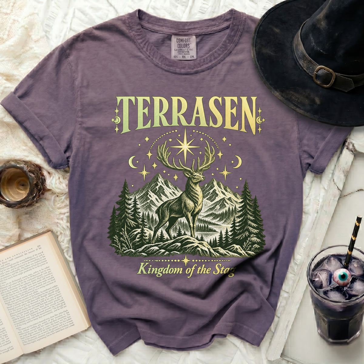 Purple t-shirt with "TERRASEN Kingdom of the Stag" and a stag graphic.