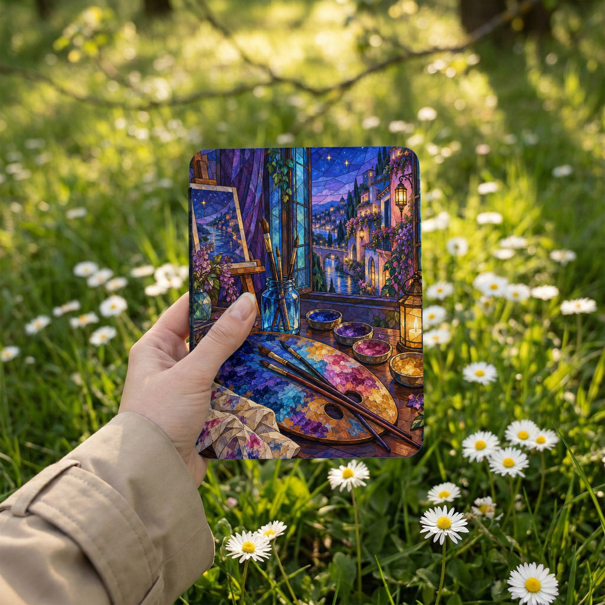 Hand holding a square print of a stained glass painting of a Venetian canal scene at night.