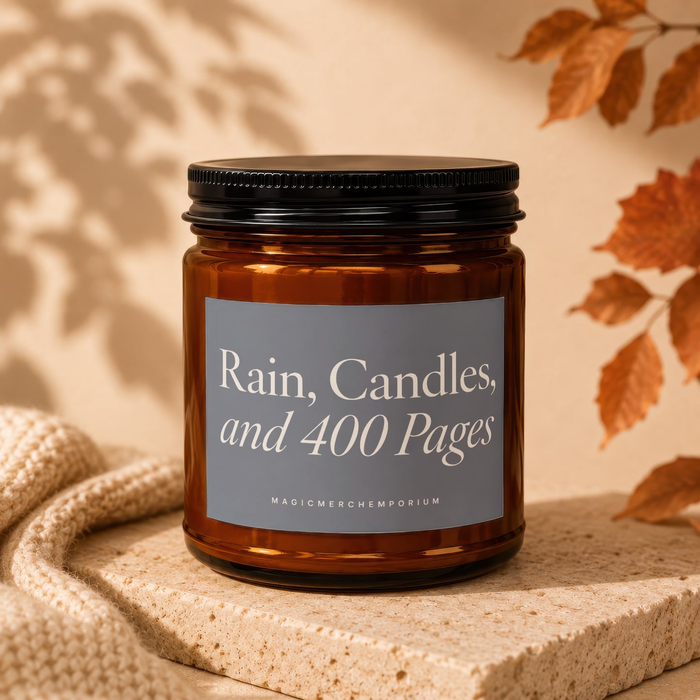 Amber jar candle with "Rain, Candles, and 400 Pages" text and "MagicMerchEmporium" logo.