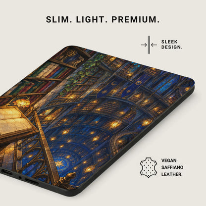 Phone case with a dark library, stained glass ceiling, and ornate gold details.
