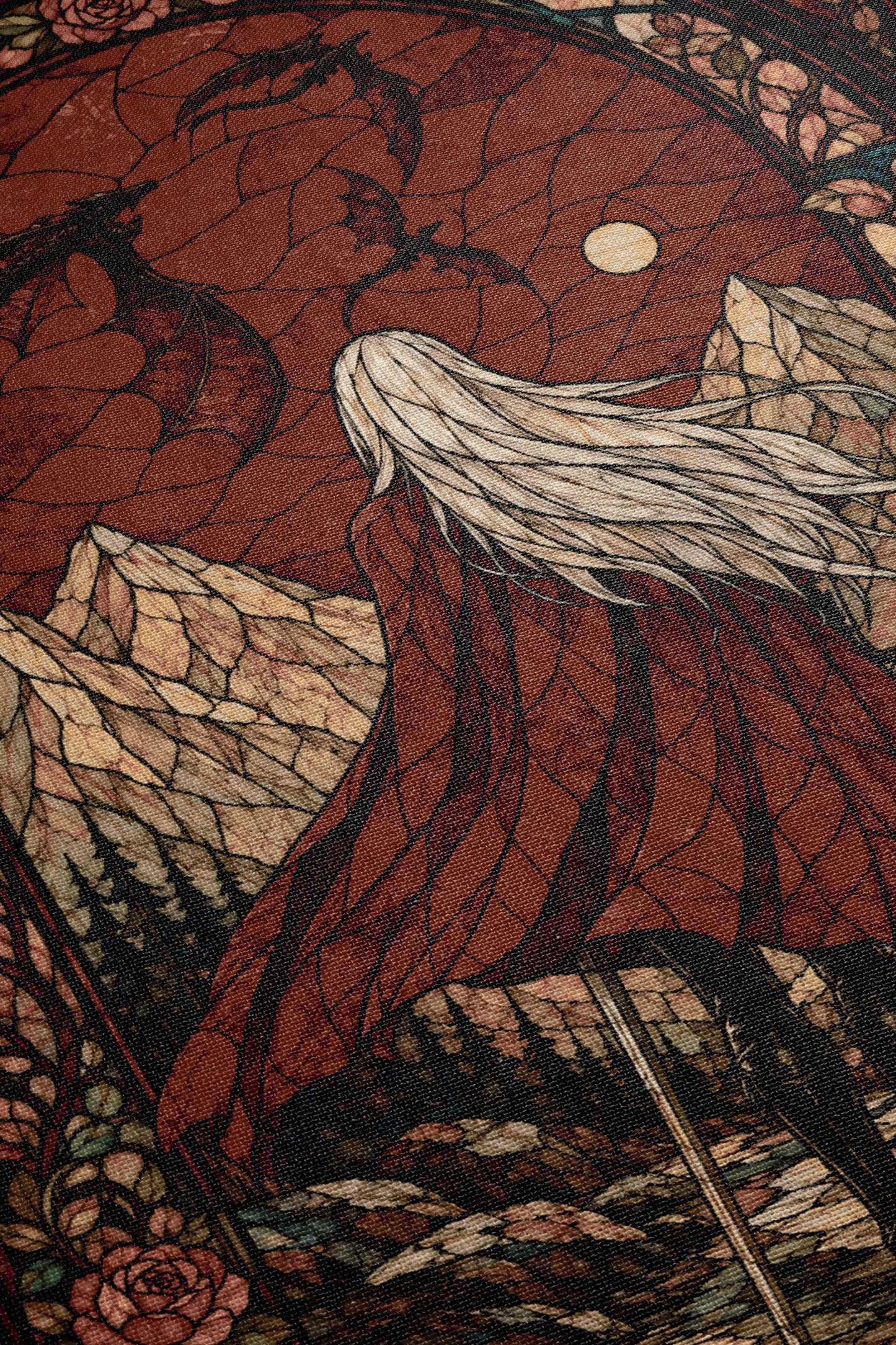The image is a detailed and intricate artwork featuring a woman with long, flowing hair standing in a mountainous landscape. The background is a rich red color with a pattern of black lines and shapes, creating a striking contrast. The woman appears to be gazing into the distance, surrounded by the natural beauty of the mountains and the serene atmosphere of the scene.