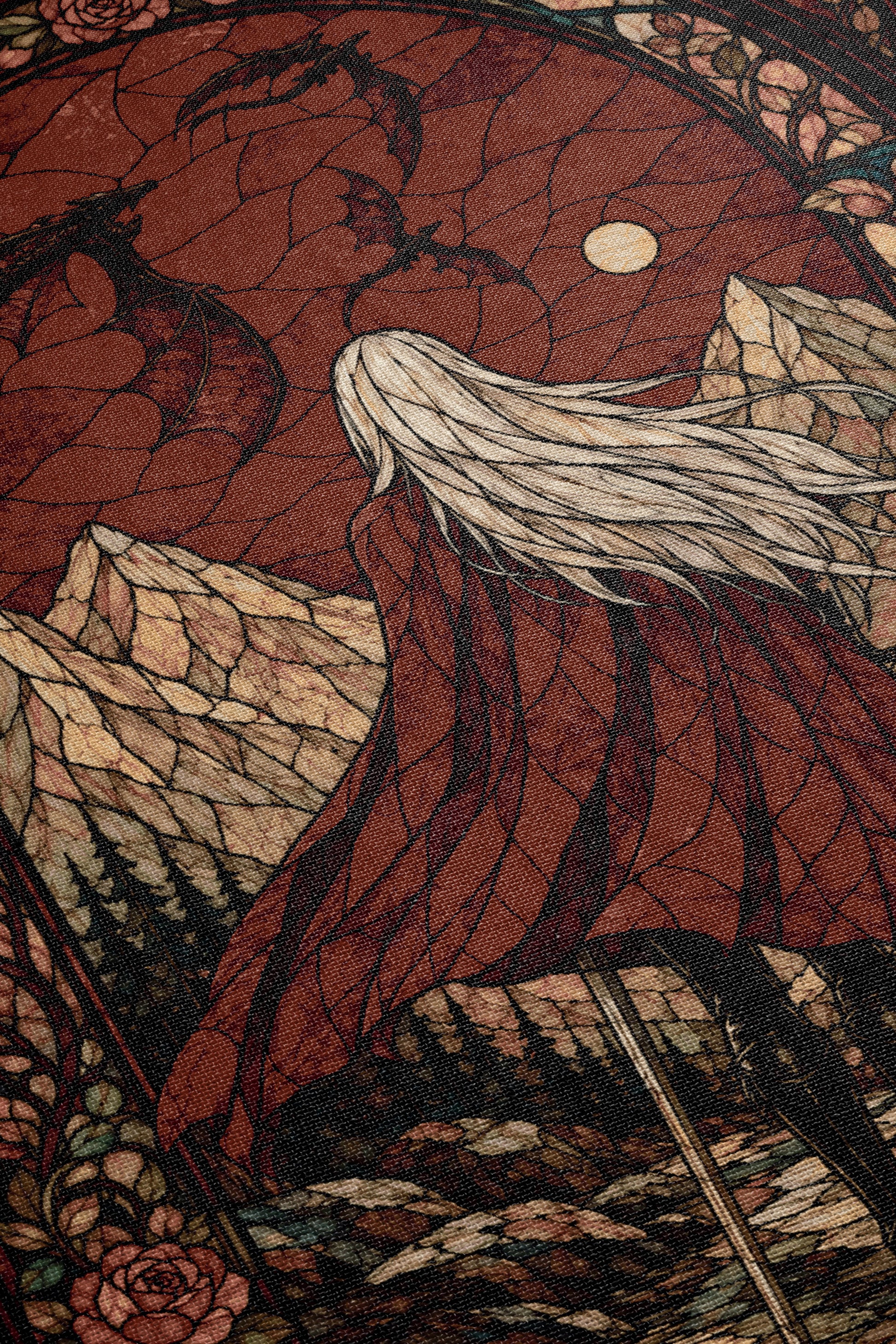 The image is a detailed and intricate artwork featuring a woman with long, flowing hair standing in a mountainous landscape. The background is a rich red color with a pattern of black lines and shapes, creating a striking contrast. The woman appears to be gazing into the distance, surrounded by the natural beauty of the mountains and the serene atmosphere of the scene.