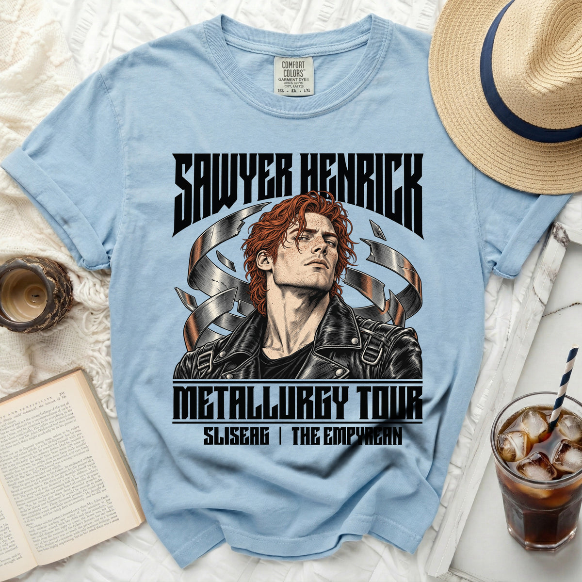 Light blue t-shirt with "Sawyer Henrick Metallurgy Tour" graphic.
