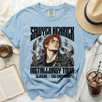 Light blue t-shirt with "Sawyer Henrick Metallurgy Tour" graphic.