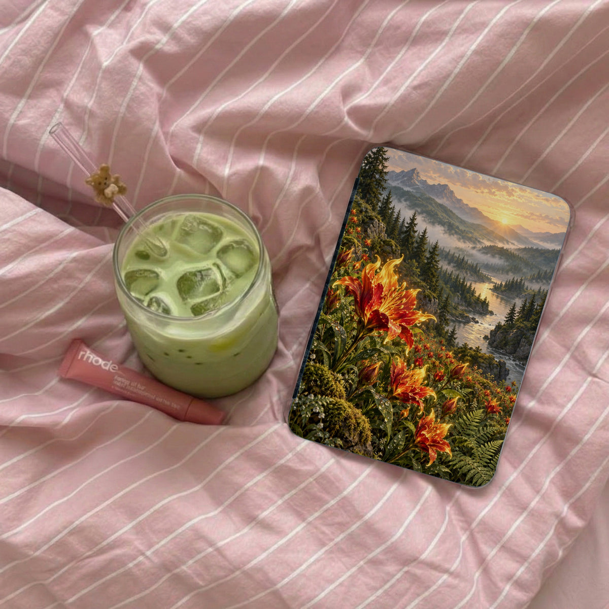 Glass of green drink and cosmetic tube on pink striped fabric next to tablet displaying landscape.