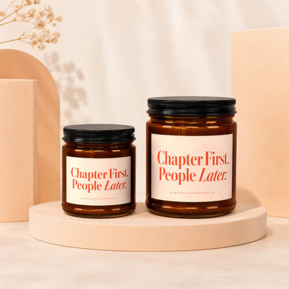 Candles with text "Chapter First. People Later." and "MAGICMERCHPORIUM".