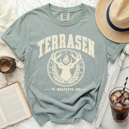 T-shirt with "TERRASEN TO WHATEVER END" and deer skull graphic.