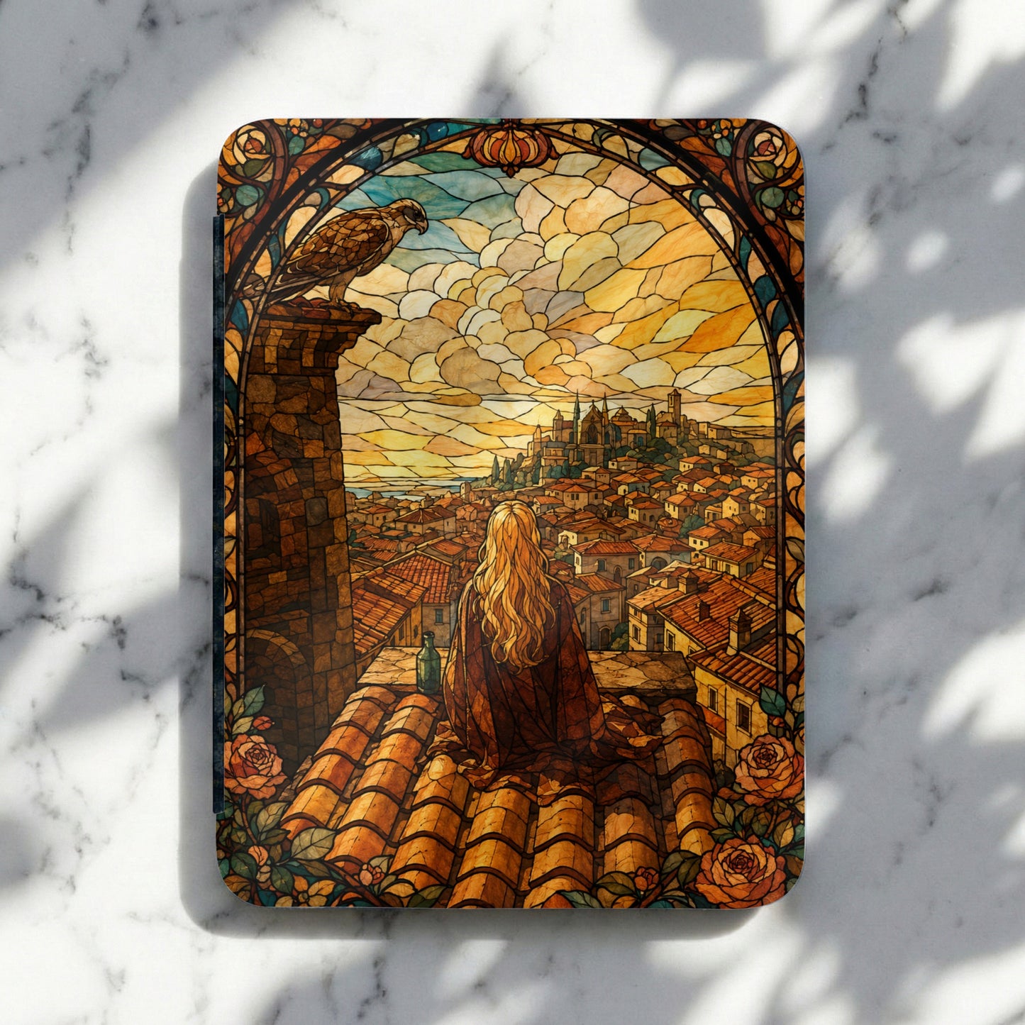 Stained glass style art of a woman overlooking a city from a rooftop with an eagle.