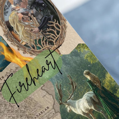 Collage of fantasy art depicting a couple, female figure, and stag with "Fireheart" text.
