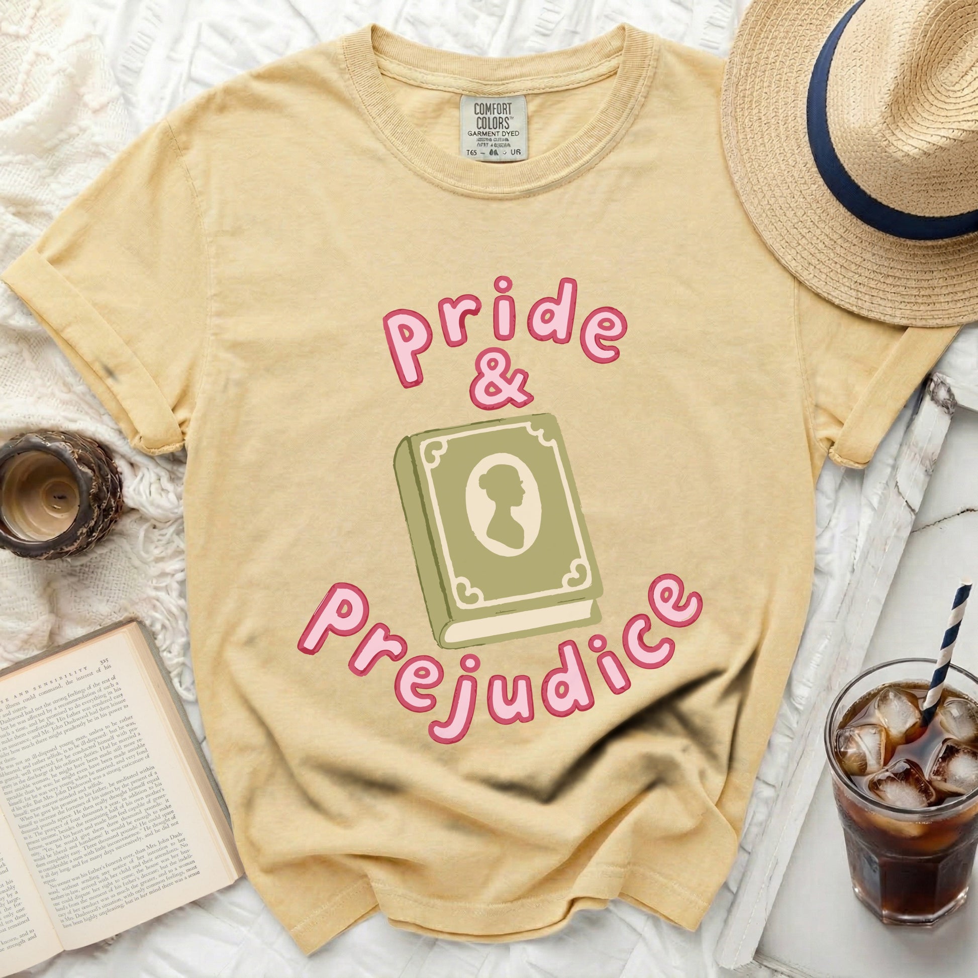 Yellow t-shirt with "Pride & Prejudice" text and book graphic.