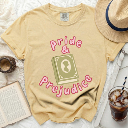 Yellow t-shirt with "Pride & Prejudice" text and book graphic.
