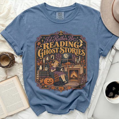 I'd Rather Be Reading Ghost Stories graphic tee with vintage illustration.