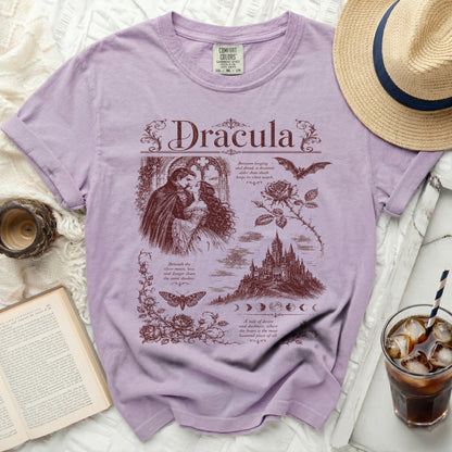 Purple t-shirt with Dracula graphic, castle, roses, bat, and moon phases.