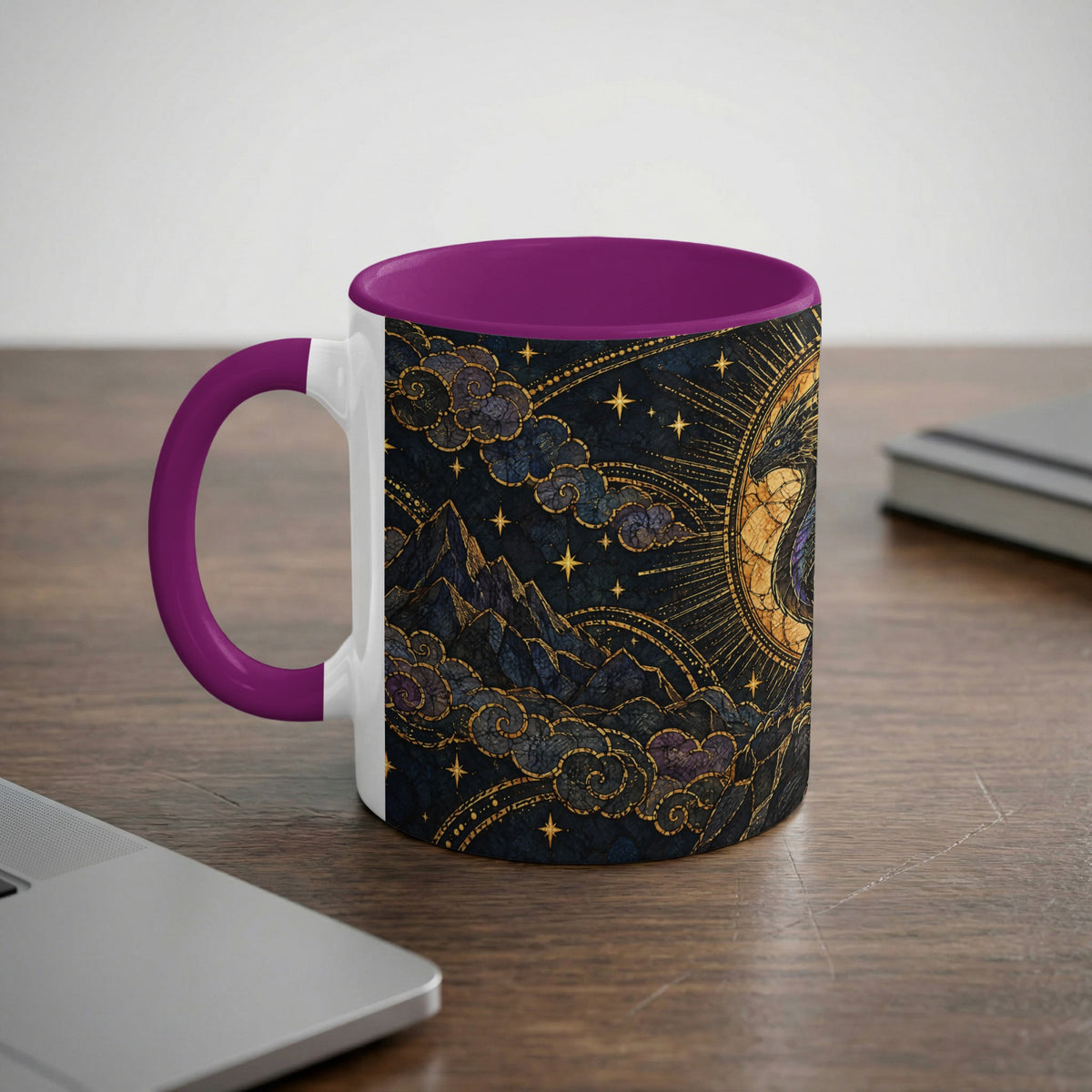 White ceramic mug with purple handle and rim, featuring a celestial design with a golden dragon, mountains, and stars.