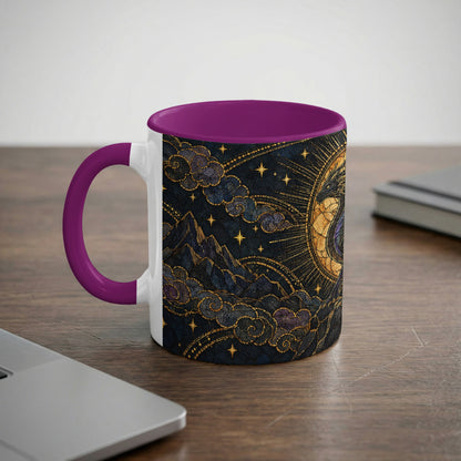 White ceramic mug with purple handle and rim, featuring a celestial design with a golden dragon, mountains, and stars.