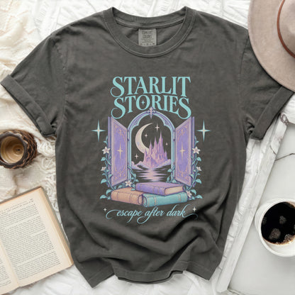 Dark gray t-shirt with "Starlit Stories" text and castle graphic.