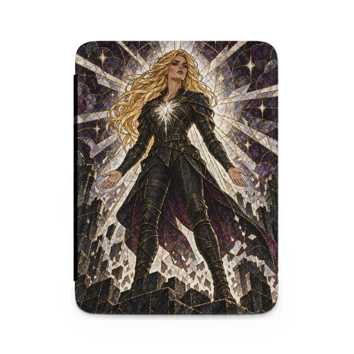 Woman in ornate armor with flowing blonde hair against a stained-glass background.