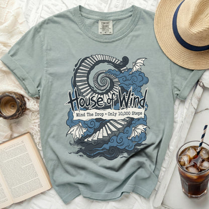 "House of Wind" graphic t-shirt with spiral stairs and bats.